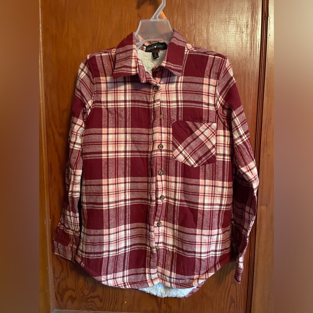Red plan fleece lined button up long sleeve shirt. Size small